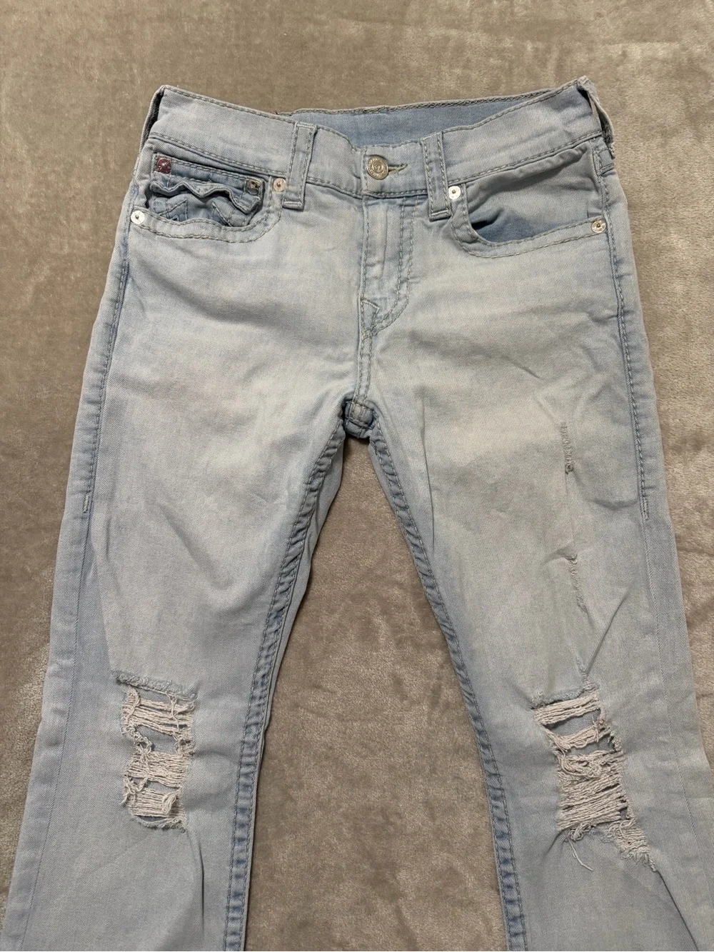 True Religion Ricky Relaxed Straight Distressed Light Wash Ripped Jeans Size 30